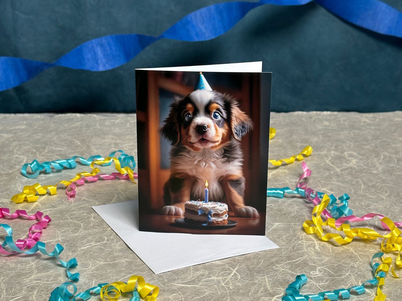 Augmented reality birthday card featuring a dog with a party hat in front of a cake with a lit candle