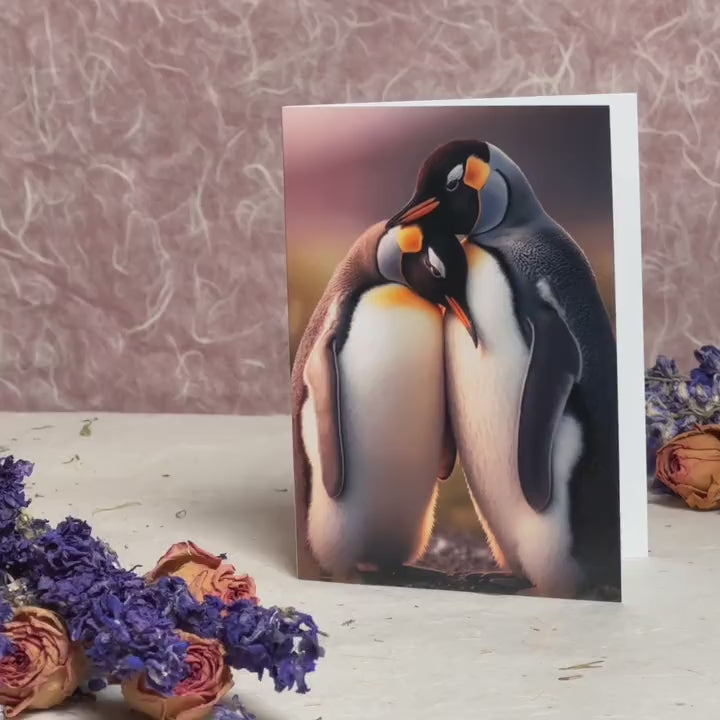 Augmented reality anniversary card with 2 penguins huddling together