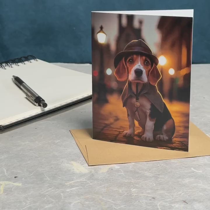 Augmented reality birthday card featuring a small red and white dog dressed like Sherlock Holmes standing on a London street 