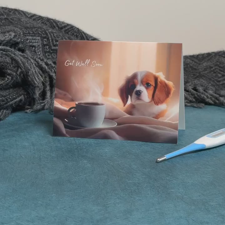 Augmented reality "get well soon" card with a small white and orange puppy laying on a bed next to a steaming teacup.