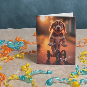 Augmented reality "congratulations" card featuring a happy puppy riding a tricycle in front of a low sun