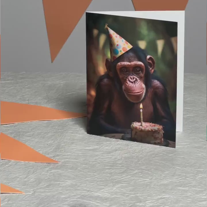 Augmented reality birthday card featuring a smiling chimpanzee wearing a party hat in front of a small birthday cake with a lit candle 