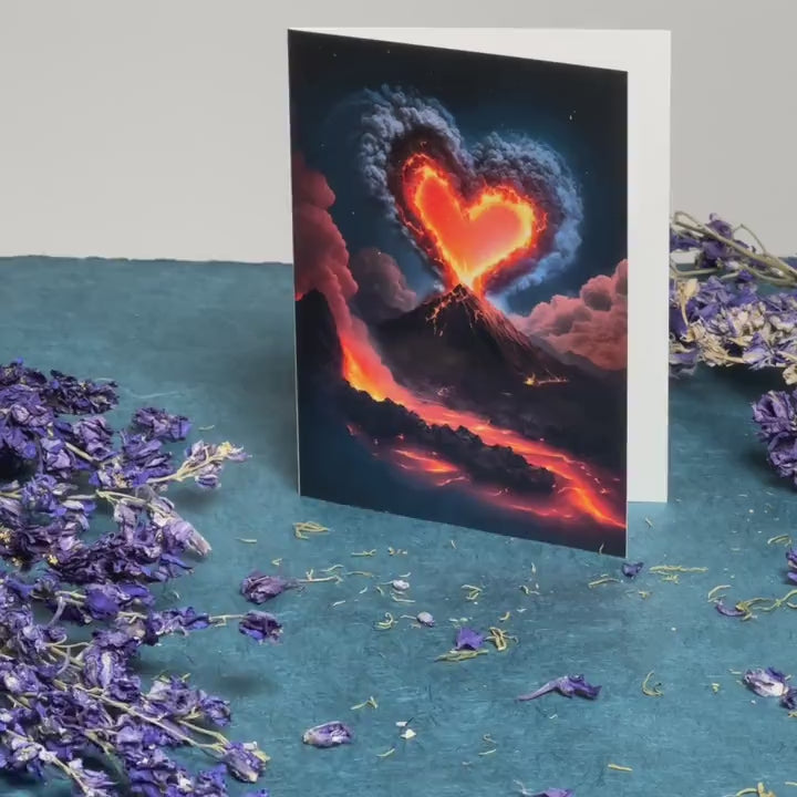 Augmented reality love card with a volcano emitting a fiery, smoky cloud in the shape of a heart against a dark sky.