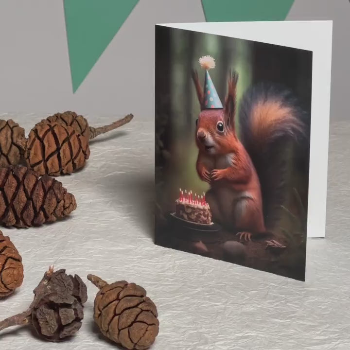 Augmented reality birthday card featuring a red squirrel with a party hat in front of a tiny birthday cake
