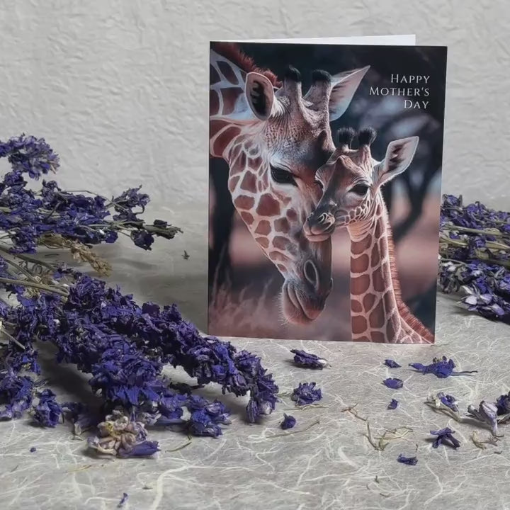 Augmented reality Mother's Day card with a mother and child giraffe huddling together against a savanna background
