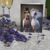 Augmented reality wedding congratulations card with two doves dressed as a bride and groom