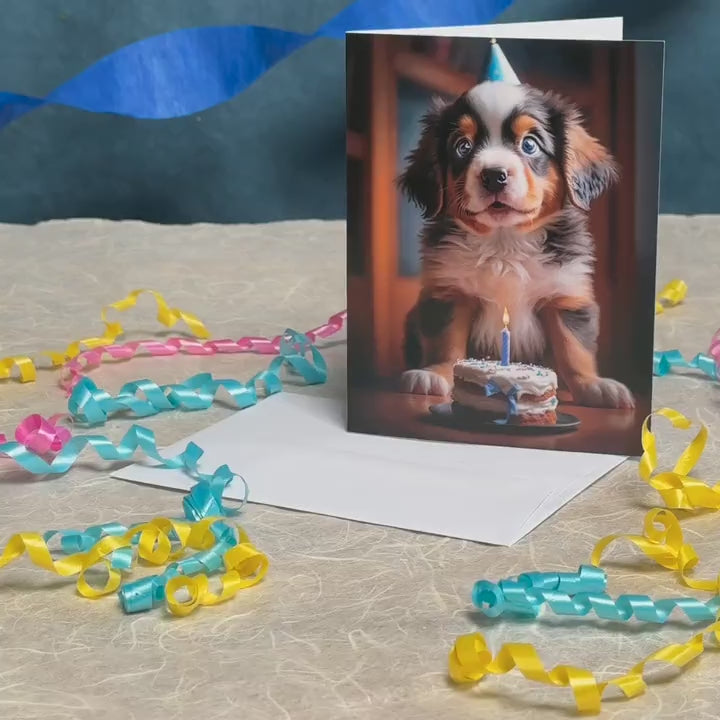 Augmented reality birthday card featuring a dog with a party hat in front of a cake with a lit candle