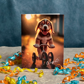 Augmented reality "congratulations" card featuring a happy puppy riding a tricycle in front of a low sun